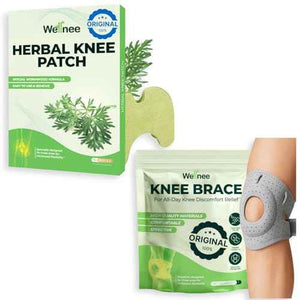 Wellnee Knee Support & Pain Relief Bundle - Herbal Knee Patch + Compression Knee Brace with Silicone Padding - Natural Joint Comfort, Stability & Recovery Support for Daily Use, Sports & Walking
