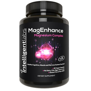 Supplement bottle labeled 'MagEnhance' by Intelligent Labs on a white background
