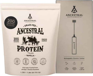 Ancestral Supplements Vanilla Protein Bundle & Frother Wand - Grass Fed Beef Organ Blend with 20g Protein, Gut Health Support & Organic Mushrooms, Rechargeable Electric Frother Wand (Double Whisk, Sta