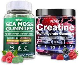 Creatine Monohydrate Gummies 5000mg + Irish Sea Moss 3000mg Gummies - Support for Muscles, Immune, Thyroid & Wellbeing - Vegan, Sugar Free, 2-Pack Supplement Bundle