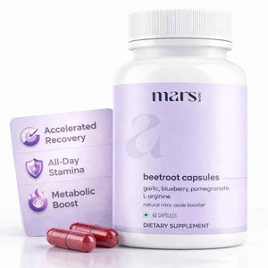 MarsbyGHC Natural Beetroot Capsules - with Garlic, Blueberry, Pomegranate & L-Arginine - Plant-Based Supplement - Pack of 1