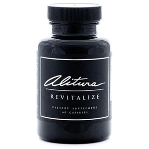 Black dietary supplement bottle labeled 'Alitiva Revitalize' on a white background