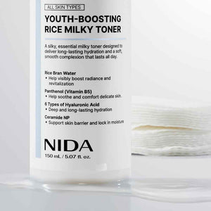 NIDA Youth-boosting Rice Milky Toner, for Glass Skin | Rice Bran Extract, Niacinamide, Ceramide NP, Panthenol | Deep Moisturizing, Hydrating and Refreshing