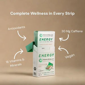 Peak Performance Energy Strips — Vegan, Gluten Free, Soy Free & Sugar-Free Breath Strips w/Caffeine, 18 Vitamins & Minerals — Instant Energy Boost Chocolate Mint Dietary Supplement — 30 Oral Strips Vitamin-StripsBuy Supplements Australia
