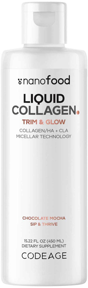 Codeage Liquid Collagen Supplement Chocolate Flavor, Beauty Trim & Glow Liposomal Collagen Peptides, CLA Conjugated Linoleic Acid, Hyaluronic Acid, Vitamin E, Hydrolyzed, Non-GMO, 15.22 fl oz