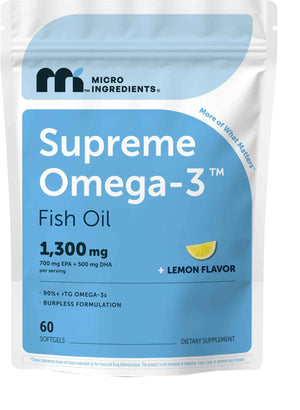 Micro Ingredients Supreme Omega-3 Fish Oil w/Ultra High EPA & DHA, Burpless Softgels - rTG Omega-3 with Vitamin D3 - Wild-Caught Cold Deep-Sea Fish - Lemon Flavor, Easy to Swallow, 60ct
