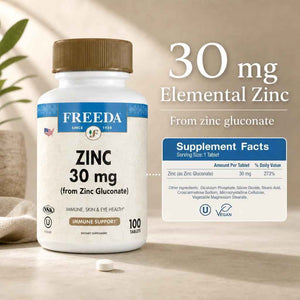 FREEDA Elemental Zinc 30mg - Vegan Immune, Skin & Eye Support - 100 Tabs - Tiny Easy-to-Swallow Tablets Made with Zinc Gluconate - Gluten-Free, Kosher, and Made in USA GMP-Compliant Facilities