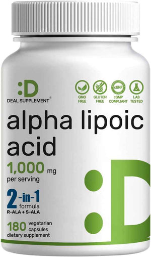 Alpha Lipoic Acid 1,000mg, 180 Veggie Capsules - 50/50 R-ALA & S-ALA for Max Bioavailability - Antioxidant Supplement - Energy & Nervous System Support - Non-GMO