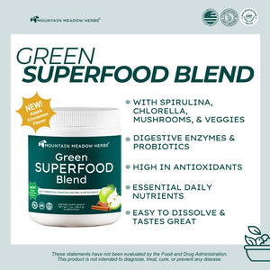 Mountain Meadow Herbs Green Superfood Blend – Spirulina, Chlorella, Mushrooms, Probiotics, Digestive Enzymes, Antioxidants – Organic Greens Powder for Energy & Gut Health – 30 Servings Mountain Meadow HerbsBuy Supplements Australia