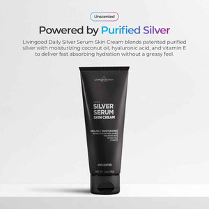 Livingood Daily Silver Serum Skin Cream, Moisturizing Body Cream with Colloidal Silver, Hyaluronic Acid, Coconut Oil & Vitamin E, Unscented Body Moisturizer for Dry Skin, Women & Men, 3.4 Oz