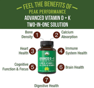 Peak Performance Advanced Vitamin D 5000 IU with All 3 Types of Vitamin K Vitamin D3 and Vitamin K2, K1, MK-7 (MK7), MK4 Supplement - 60 Small and Easy to Swallow Vegetable Capsules