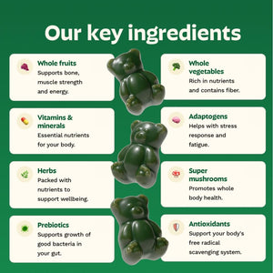 Gruns Adults Super Greens Gummies, Multivitamin Superfood Gummy Bears, Spirulina, Chlorella, Prebiotics & Fiber Gummies for Digestive Health, Adaptogens Supplement, 20 Vitamins & Minerals, 10 Count Grüns buy supplements Au