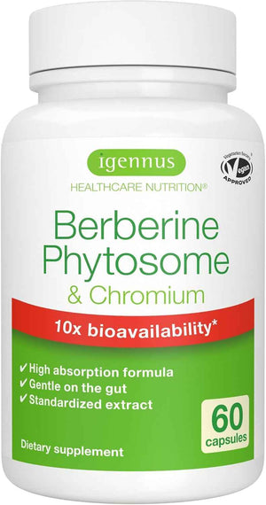 Igennus Dual Action Berberine Phytosome 550mg & Chromium Picolinate, 10x Absorption, Blood Glucose Control, Standardized Berberis Extract Supplement, Clean Label, Vegan, 60 Capsules
