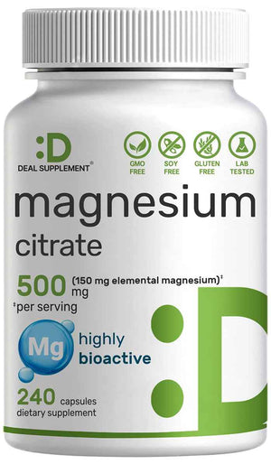 Deal Supplement Magnesium Citrate 500mg, 240 Capsules - One a Day, Easily Absorbed, Purified Trace Mineral - Non-GMO