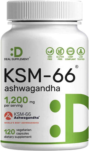 KSM 66 Ashwagandha 1,200mg with Black Pepper, 120 Veggie Capsules - Extra Strength Root Extract - High Absorption - Adaptogenic Supplements for Relaxation, Energy, & Brain Health - Non-GMO