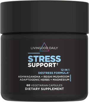 Livingood Daily Stress Support, 12-in-1 Supplement with Ashwagandha, Reishi Mushroom, Vitamin B6, Adaptogenic Herbs & Magnesium, Supports Mood & Calm, Gluten Free, Vegan, 60 Vegetarian Capsules