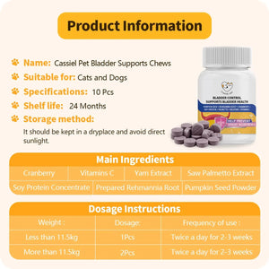 Cassiel Pet Bladder Supports Chews for Urinary Tract Health, Infection Treatments, Bladder Health, Dog UTI, Bladder Stones, Incontinence Support, Urinary Pain Relief for Cat & Dog 10 Chews (1 Bottle) Cassiel petBuy Supplements Australia