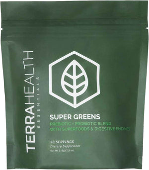 Terra Health Essentials Super Greens - Organic Superfood Greens Powder - Gluten-Free Gut-Friendly Probiotics - 30 Servings