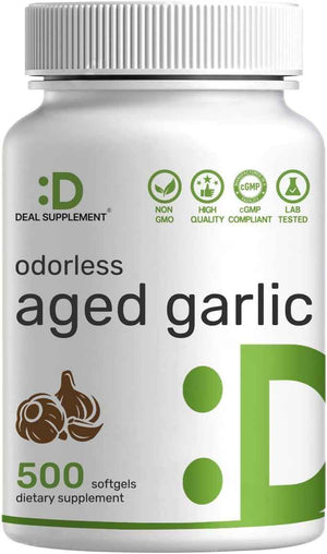 Odorless Aged Garlic, 500 Softgels - Enhanced with MCT Oil - Fresh Allium Sativum Bulb Source - 2-Years Aged Garlic Extract - Non-GMO, cGMP Manufactured