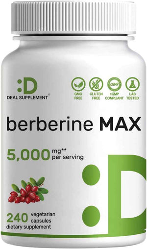 DEAL SUPPLEMENT Berberine Max Supplement with Turmeric, 5000 mg** Per Serving, 240 Vegetarian Capsules - Berberine HCl with Turmeric Root Extract - Non-GMO