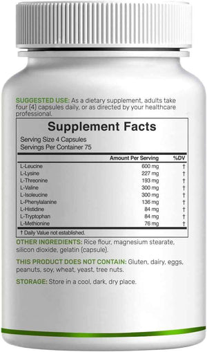 Essential Amino Acids (EAA) 2000mg Per Serving, 300 Capsules - Unflavored - 9 in 1, All BCAAs (Branched-Chain Aminos) - Lean Muscle Support & Natural Pre Workout Supplement