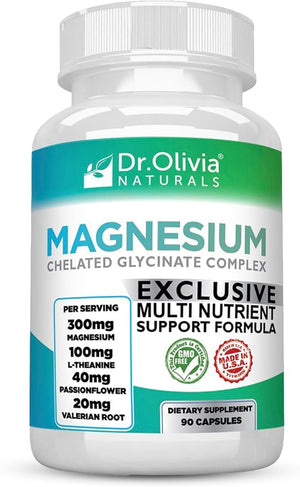 Dr. Olivia Naturals Magnesium Glycinate Complex - L-Theanine, Passionflower & Valerian Root for Sleep Support Supplement, Nerve & Muscle Health, High Absorption - 90 Vegetarian Capsules Dr. Olivia NaturalsBuy Supplements Australia