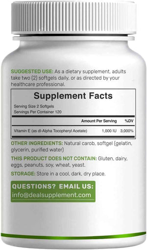 Vitamin E Supplements, 1,000 IU Per Serving, 240 Softgels - Extra Strength Antioxidant Protection - Bioavailable Stable Form - Skin, Heart, Brain, & Immune Support - Non-GMO