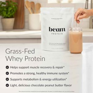 BEAM Grass Fed Whey Protein Powder - Chocolate Peanut Butter, 12 Servings, 22g Protein Per Serving, Clean Whey Isolate & Concentrate, Low Carb, Paleo Friendly, GMO Free, Gluten Free, 3rd Party Tested