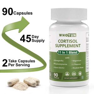 Whoyun Cortisol Supplement for Women, 11 in 1 Lower Cortisol Blend with Ashwagandha, Phosphatidylserine, Magnesium, L-Theanine, Vegan, 90 Capsules