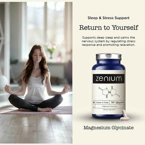 Zenium - Magnesium Glycinate for Sleep, Chelated, 600mg per Serving, 120 Capsules - High Absorption - Relieve Tension, Worry, Nervousness - Calm The Mind & Body - Ayurvedic - Natural Relief Supplement
