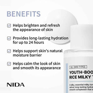 NIDA Youth-boosting Rice Milky Toner, for Glass Skin | Rice Bran Extract, Niacinamide, Ceramide NP, Panthenol | Deep Moisturizing, Hydrating and Refreshing