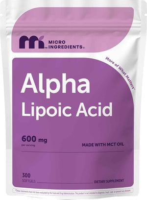 Micro Ingredients Alpha Lipoic Acid 600mg Per Serving, 300 Softgels - ALA Supplement - Made with MCT Oil - Non-GMO, Gluten-Free, Soy-Free