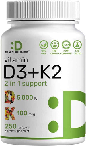 DEAL SUPPLEMENT Vitamin D3 5,000 IU + K2 MK7 Softgels, 250 Count - 2-in-1 Complex - Easy to Swallow