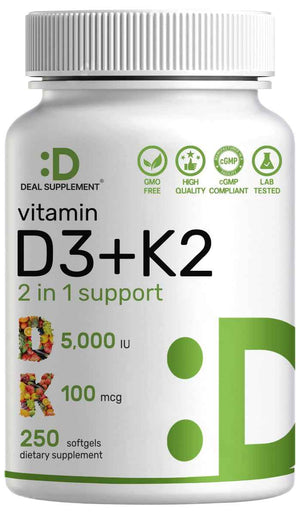 DEAL SUPPLEMENT Vitamin D3 5,000 IU + K2 MK7 Softgels, 250 Count - 2-in-1 Complex - Easy to Swallow