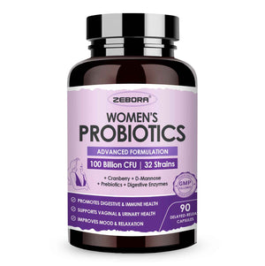 ZEBORA Probiotics for Women Digestive Health with Enzymes & Prebiotics 100 Billion CFUs - Vaginal Probiotics with D Mannose & Cranberry - Urinary Tract Health