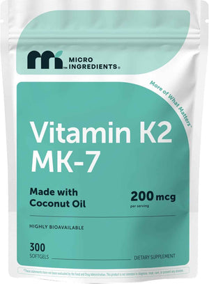 Micro Ingredients Vitamin K2 MK-7 200 mcg Per Serving, 300 Coconut Oil Softgels - K2 Vitamin Supplement with Coconut Oil - Non-GMO