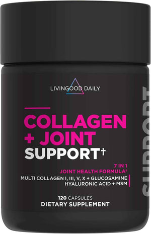 Livingood Daily Collagen + Joint Support, Grass Fed Multi Collagen Peptides I III V X with Hyaluronic Acid, Joint Support Supplement for Women & Men, Hair Skin Nails, Keto & Gluten Free, 120 Capsules