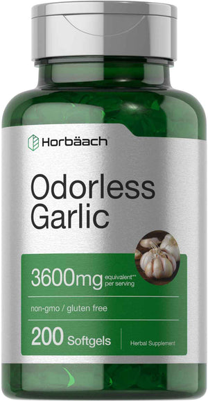 Horbäach Odorless Garlic Softgel Supplement - 200 Count - Ultra Potent Concentrated Herbal Extract - Non-GMO & Gluten Free