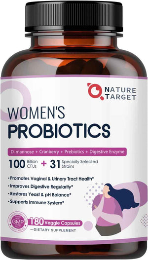 NATURE TARGET Women's Probiotic, 100 Billion CFU, 31 Strains, 90 Servings - With Prebiotic And Enzymes For Digestive Health,Cranberry, D-Mannose Support Urinary Tract & Vaginal Wellness, Shelf-Stable
