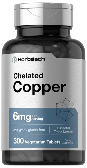Horbäach Chelated Copper Supplement 6mg - 300 Tablets - Essential Trace Mineral - Vegetarian, Non-GMO, Gluten Free