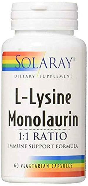 SOLARAY L-Lysine Monolaurin Immune Support Supplement, 1:1 Ratio for Immune System Function, 500 mg Each, 30 Servings, 60 VegCaps