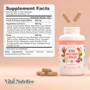 Vital Super Fruits & Veggies - Daily Superfood Capsules for Adults - Fruit & Vegetable Supplements to Boost Immunity & Energy - 2-in-1 Formula for Overall Wellness VITAL NUTRITIVE buy supplements Au
