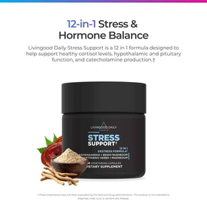 Livingood Daily Stress Support, 12-in-1 Supplement with Ashwagandha, Reishi Mushroom, Vitamin B6, Adaptogenic Herbs & Magnesium, Supports Mood & Calm, Gluten Free, Vegan, 60 Vegetarian Capsules