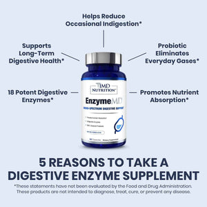 1MD Nutrition EnzymeMD - Digestive Enzymes Supplement - Doctor Formulated - 18 Plant-Based Enzymes - Gas & Bloating Support - 60 Capsules