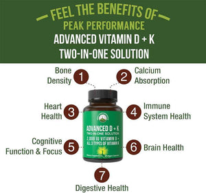 Peak Performance Advanced Vitamin D 2000 IU with All 3 Types of Vitamin K Vitamin D3 and Vitamin K2, K1, MK-7 (MK7), MK4 Supplements - 60 Small and Easy to Swallow Vegetable Capsules