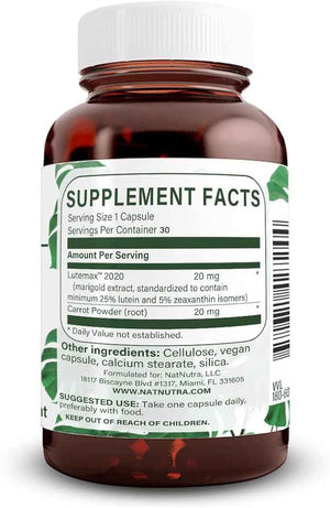 Natural Nutra Lutein & Zeaxanthin Supplement 20mg, 60 Capsules - Maintains Vision, Protects Cells in Eyes, Enhances Level of Zeaxanthin & Isomers, Supports Eye Health, Gluten-Free, Soy-Free
