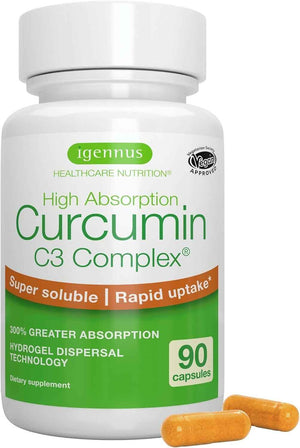 Igennus Advanced Curcumin C3 Complex, 300% Greater Absorption & Rapid Uptake, 95% Standardised Extract, 90 Servings, Clean Label, Vegan Supplement, 1-a-Day, 90 Capsules
