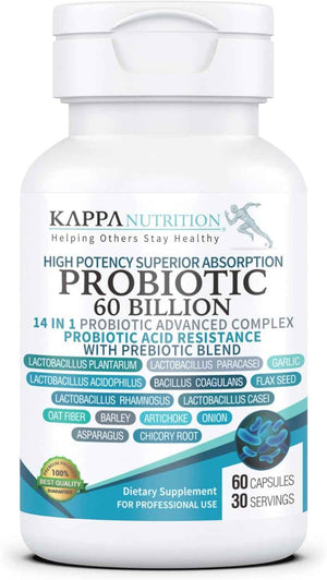 KAPPA NUTRITION Probiotic 60 Billion CFU 14 in 1 Formula with Prebiotics & Acidophilus for Women, Men & Adults, Shelf Stable, Acid Resistant, Natural Supplement 60 Capsules.