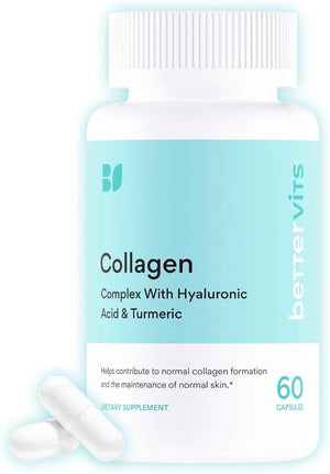 Bettervits Collagen Peptides Complex with Hyaluronic Acid & Turmeric - Hydrolyzed Marine Collagen Supplements for Women & Men - Collagen with Vitamin C for Skin, Hair, Nails & Joints - 60 Capsules