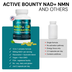 NAD+ Resveratrol Supplement with Quercetin – NMN Alternative for Cellular Energy Support, Focus & Healthy Aging – High Potency 500mg NAD+ Formula, Vegan, Non-GMO, Gluten-Free, Made in USA, 60 Capsules Active Bounty buy supplements Au